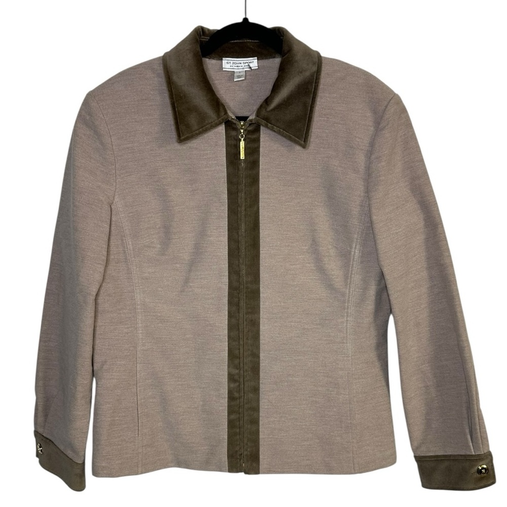 St.John Sport Full Zip Taupe Tan Jacket Size Large Cotton Quiet‎ Luxury Formal